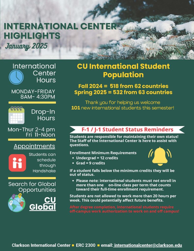 Page One, International Center Highlights. Graphic's text is available at below. 