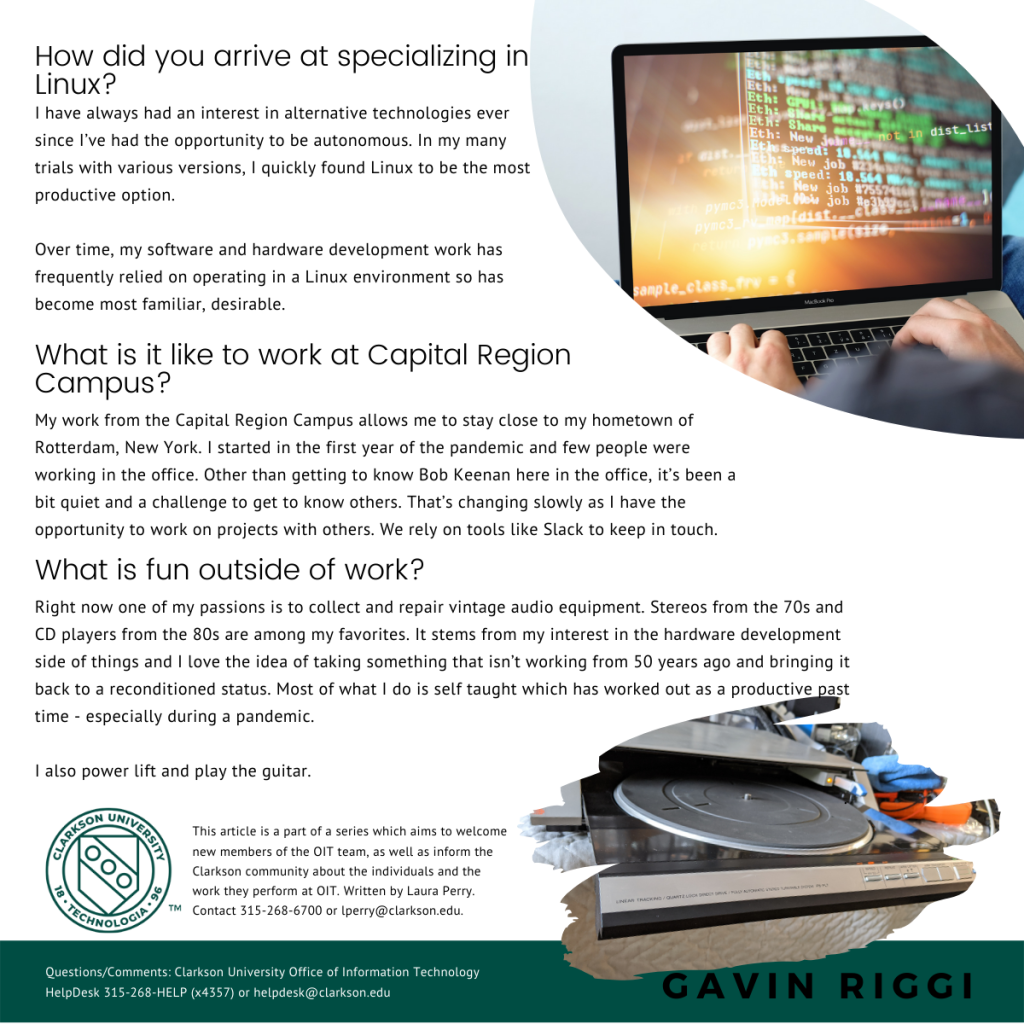 Continued...Welcome Gavin Riggi Linux System Administrator. Image includes lap top screen and text about Linux and Capital Region Campus. Full text of article avail https://docs.google.com/document/d/1H4lmMA28GmdzoZZdYkRb6lEYiGuKyk9dxxc-0bdznCo/edit?usp=sharing