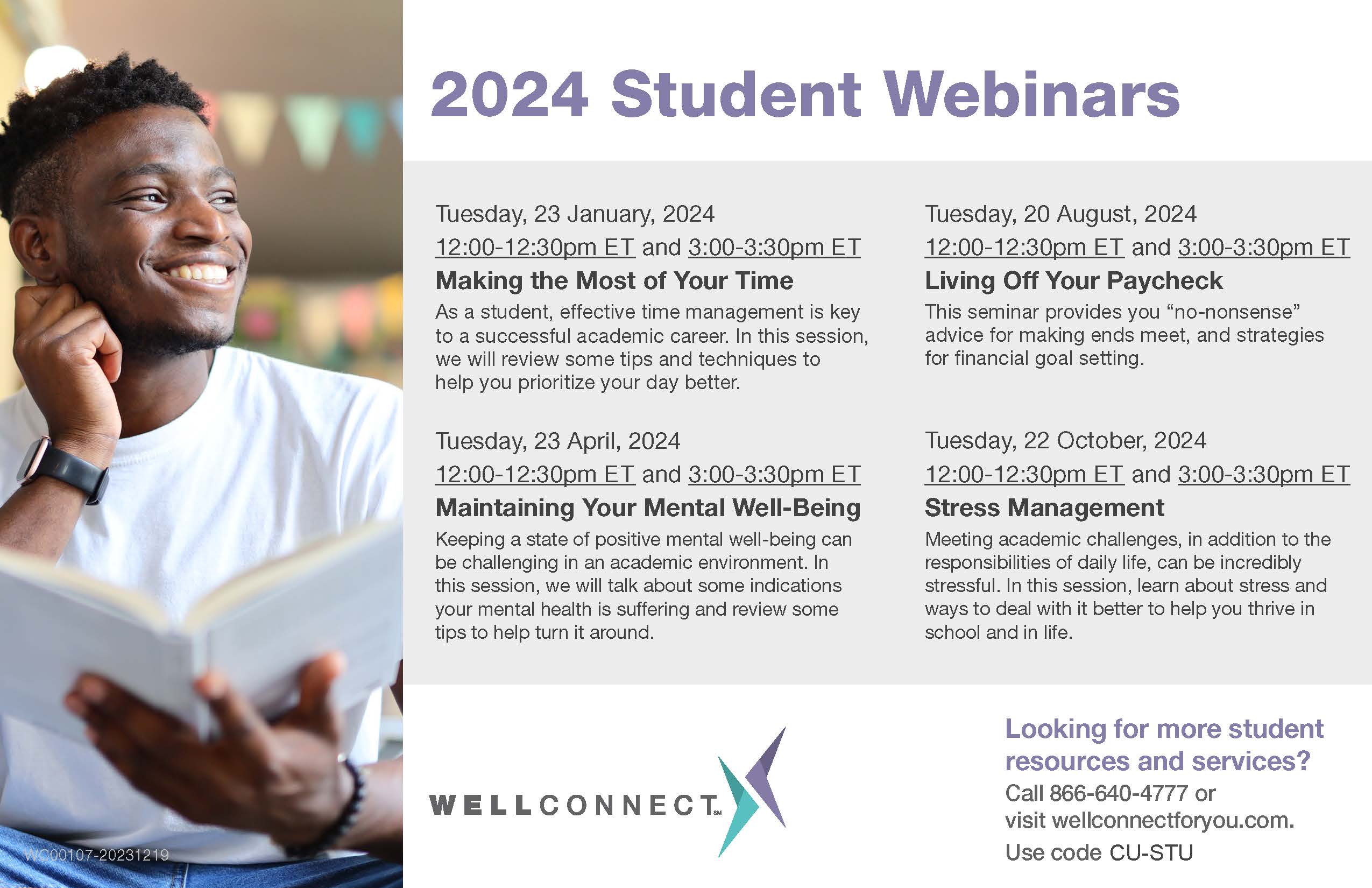 Headshot of man smiling while holding a book next to list of offered webinars. In addition to the webinar listed in the announcement, the flyer includes :Living off Your Paycheck" on August 20, 2024 from 12pm-12:30pm and 3pm-3:30pm, and Stress Management on October 22, 2024 from 12pm-12:30pm and 3pm-3:30pm.