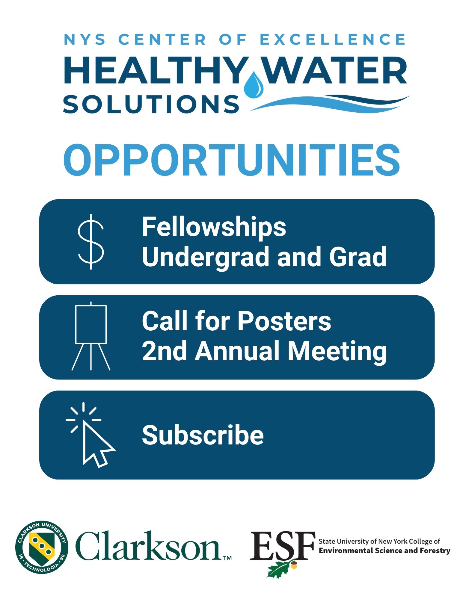 Healthy Water Solutions logo and list of opportunities for fellowship posters and subscription