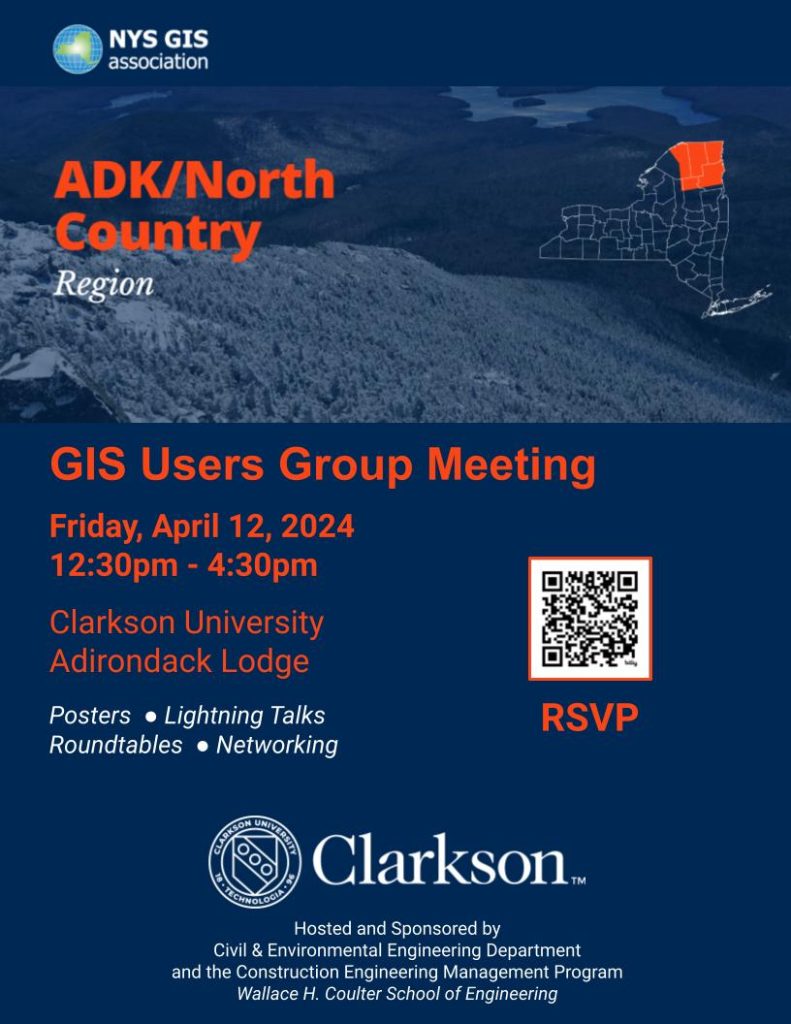Map of New York State with view from mountain in background announcing GIS Users Group meeting at Clarkson University on Friday, April 12, 2024 from 12:30pm-4:30pm with networking, lightning talks, posters, and roundtables. 