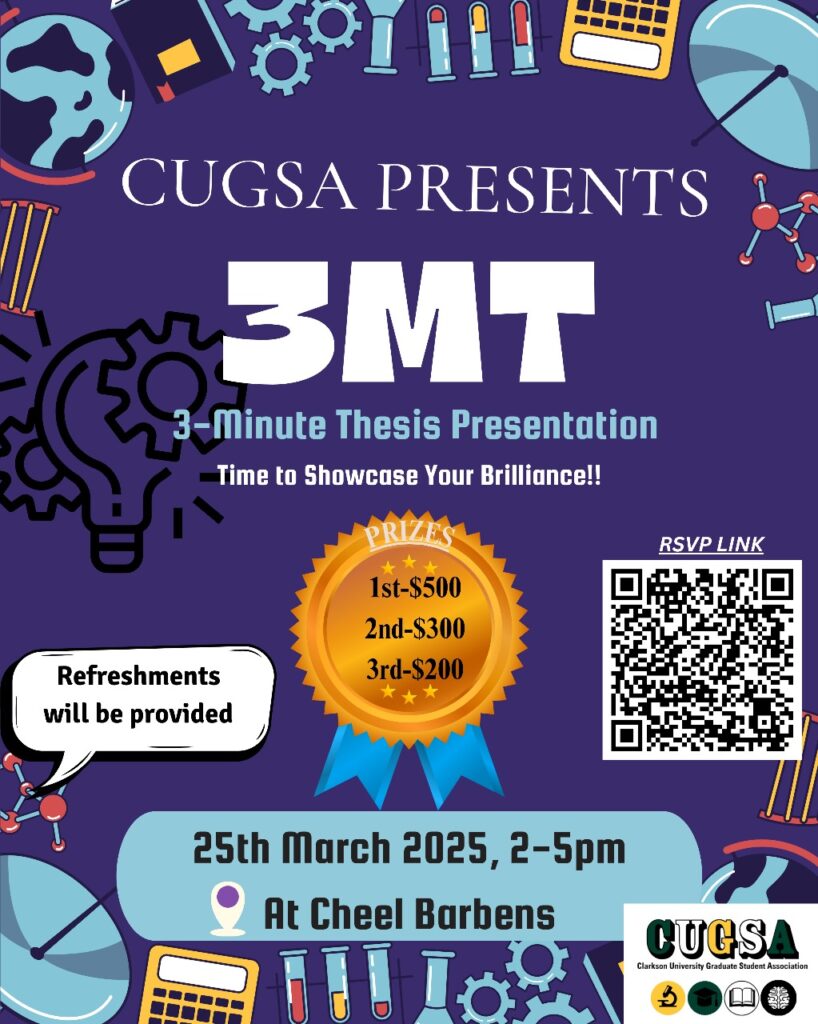 CUGSA present - 3mt presentation - time to showcase you brilliant - 1st: $500, 2nd: $300, 3rd: $200 - refreshment will be provided - Cheel barbens - 25th March - 2 - 5pm