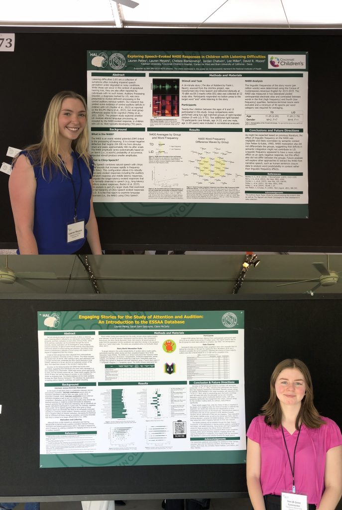 two separate photos of two female student standing next to poster presentations