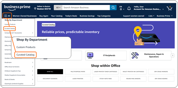 Screenshot of Amazon Business website indicating the "All" button in the top left of the window where Curated Catalog can be found. 