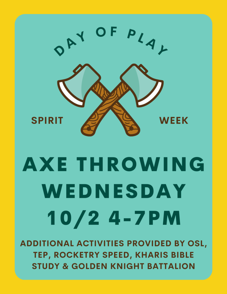 A yellow and teal flier with axes crossed on it, detailing the date and time of Day of Play, featuring Axe Throwing.