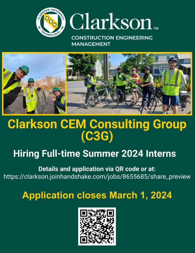 Clarkson CEM Consulting Group (C3G) summer intern job posting flyer. All other text is included in main post.