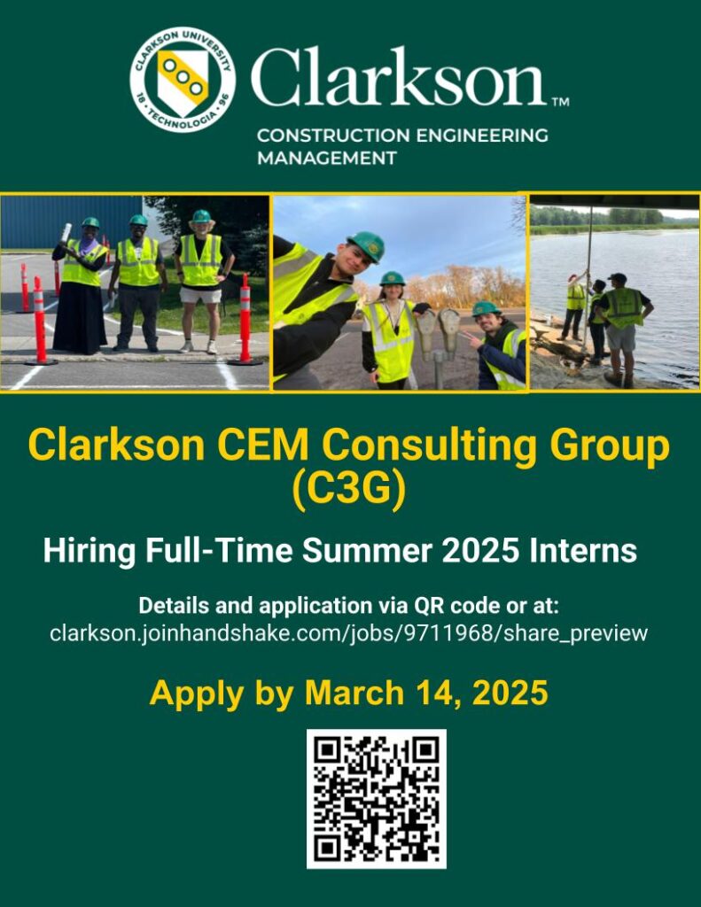 Students wearing construction safety vests working outside in summer, Clarkson CEM Consulting Group (C3G) is hiring full-time student interns