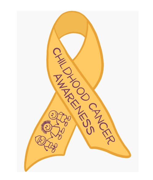 A gold ribbon, displaying children holding hands and reading "Childhood Cancer Awareness," is displayed on the right side of the document.