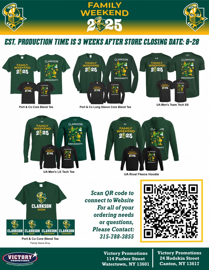 A flyer showing various designs of family weekend apparel and ordering information from Victory Promotions.