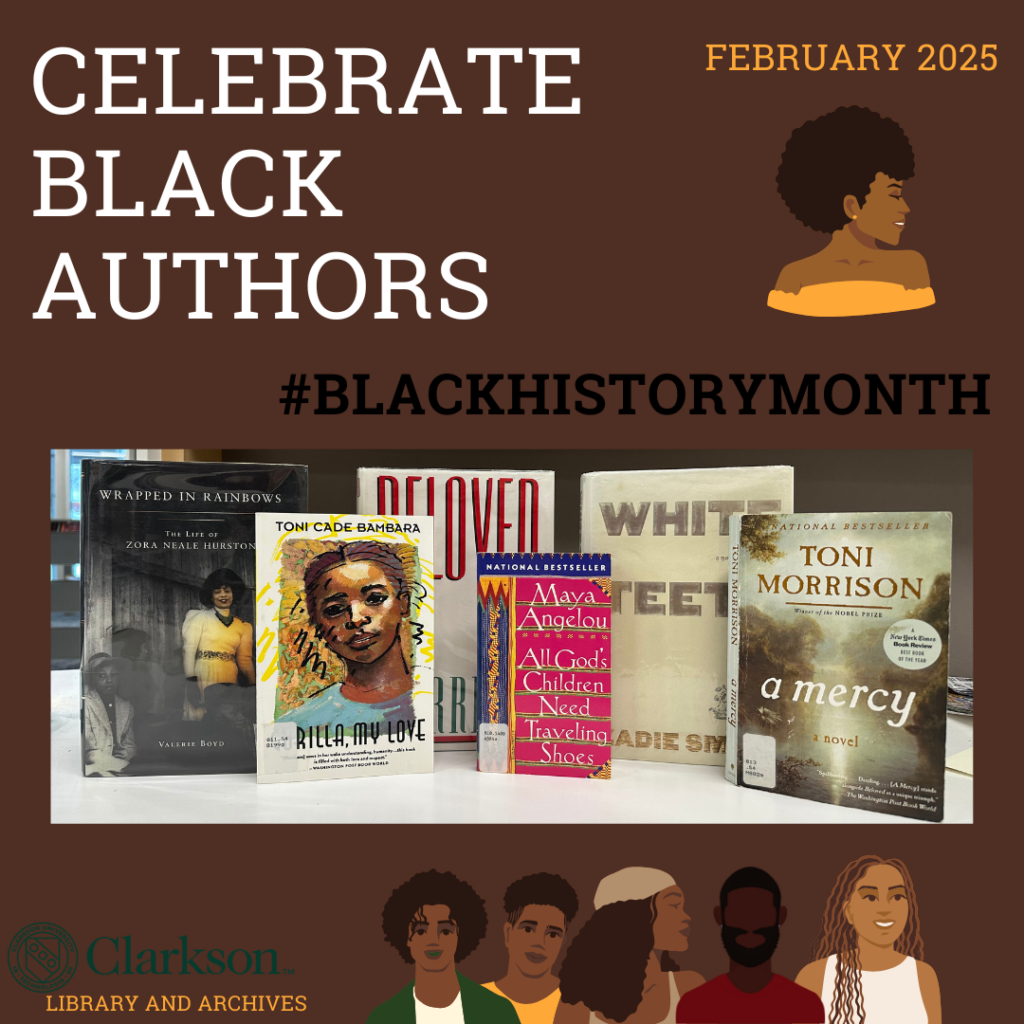 Brown flyer with a photo of several books in the middle to Celebrate Black Authors