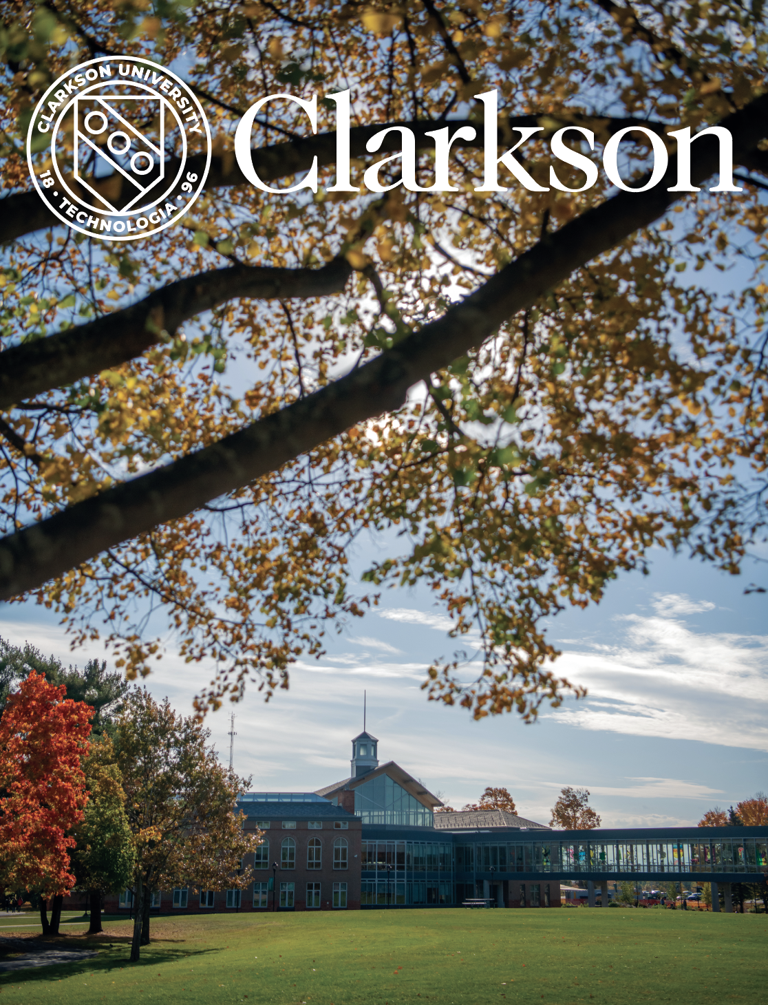 The folder cover shows the Student Center in the distance, with fall foliage in the foreground. It includes the Clarkson lockup logo.