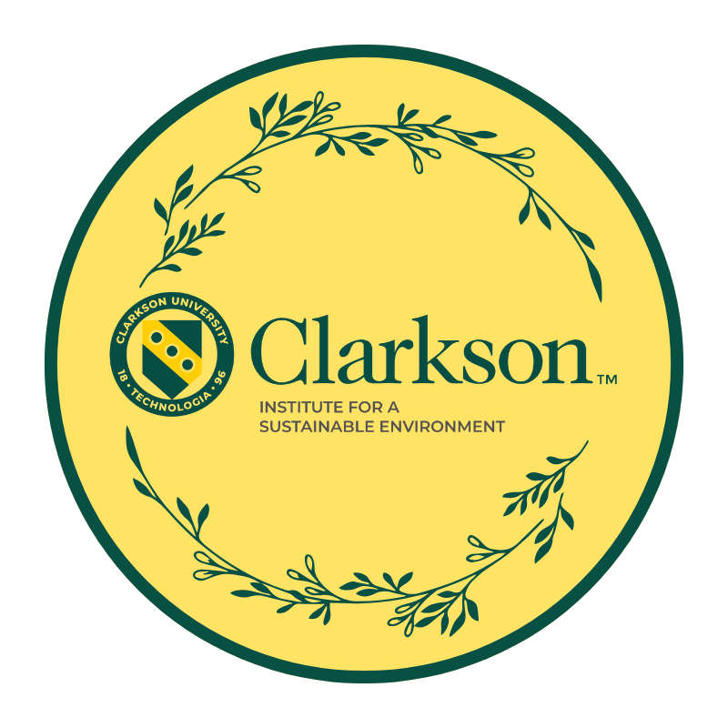 The Clarkson Institute for a Sustainable Environment Logo in a yellow circle, surrounded by green branches with small leaves.