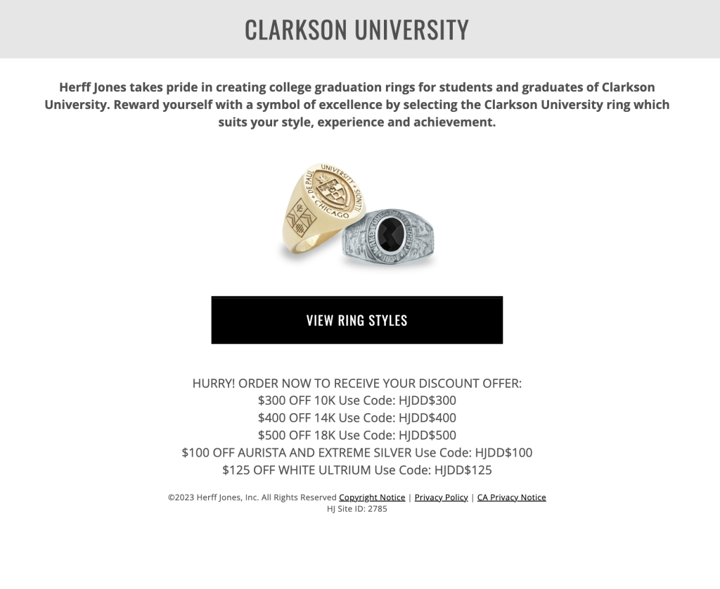 A chart of class ring prices. Use link above for more information. 