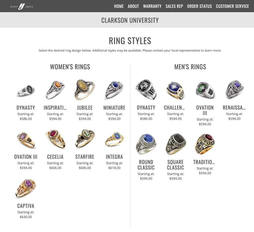 A chart of Class ring styles