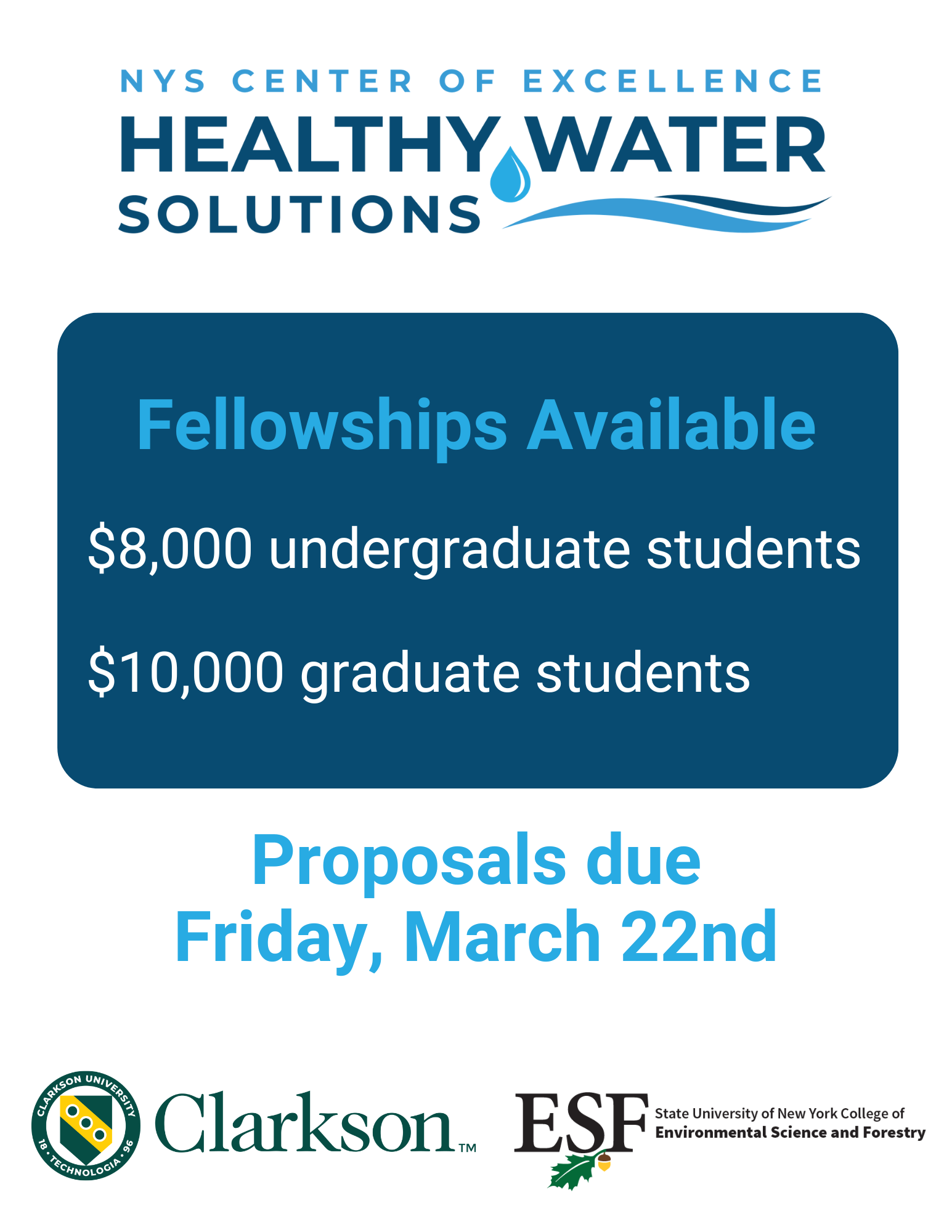 Healthy Water Solutions logo with text for undergraduate and graduate fellowship proposals due March 22