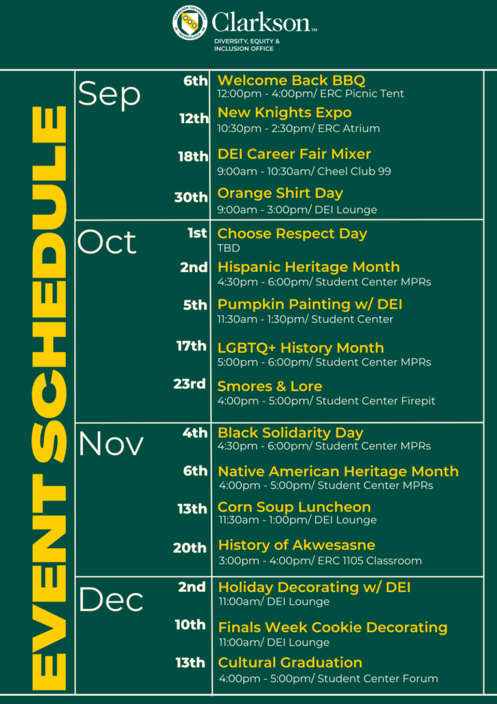 A green and yellow event poster with event dates, times, and location details for September, October, November, and December from the Diversity, Equity, and Inclusion Office.