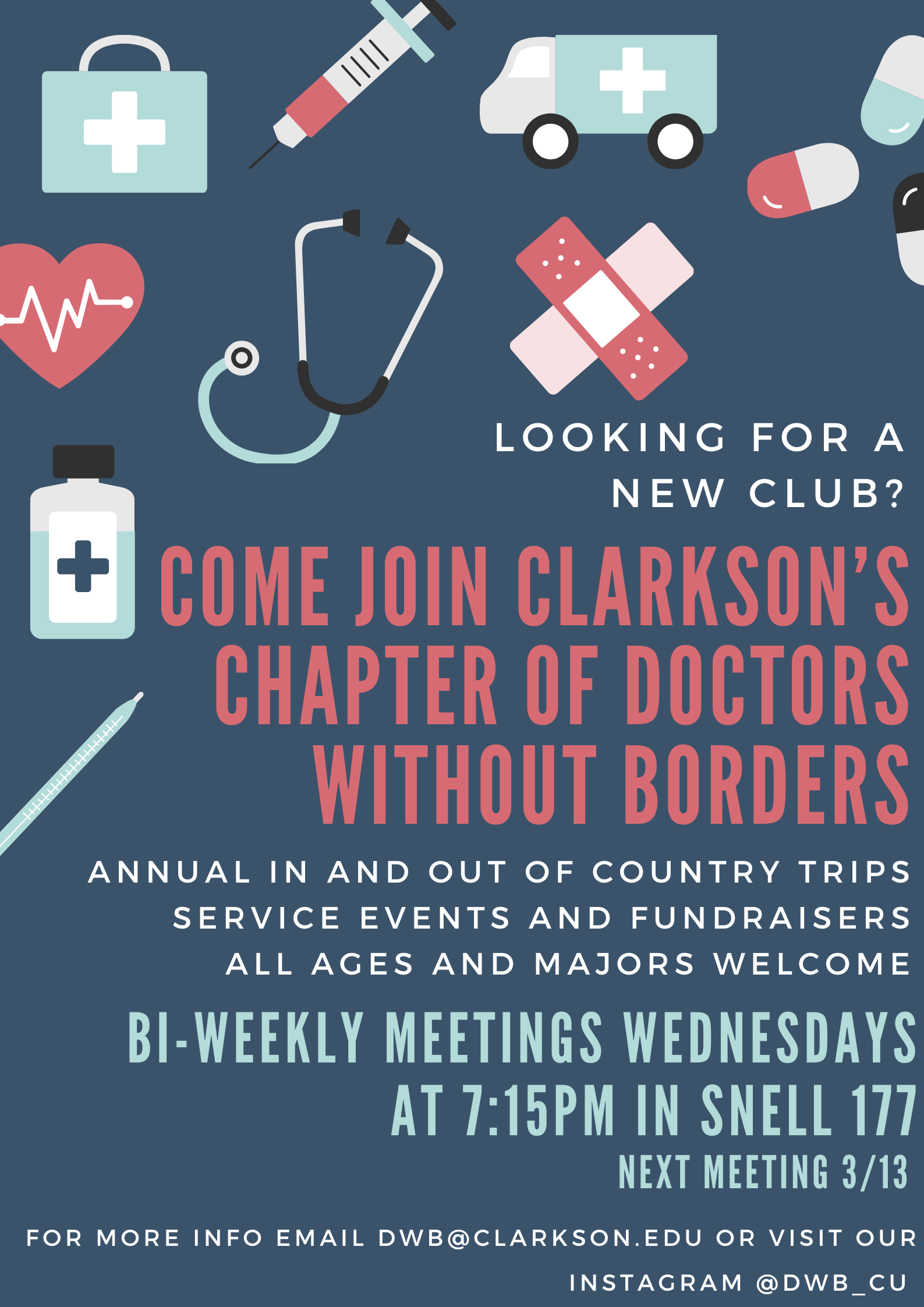 Are you looking for a new club? Clarkson University's chapter of Doctors Without Borders hosts our meetings bi-weekly on Wednesdays at 7:15pm in Snell 177! Our next meeting will be 3/13! We host annual in and out of country service trips, service events, and fundraisers! All years and majors are welcome! For more information, email dwb@clarkson.edu or visit our instagram @dwb_cu