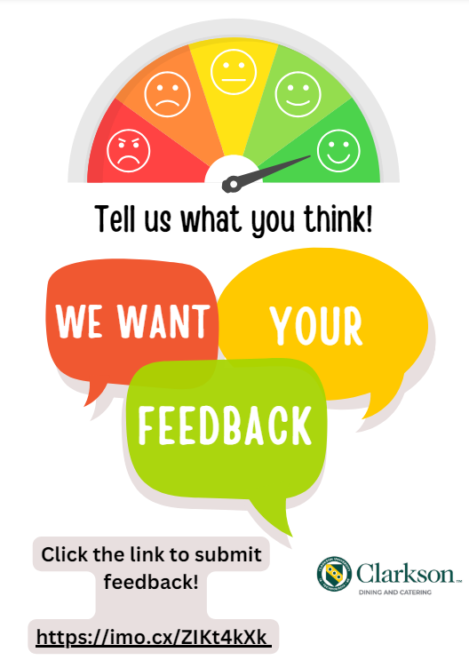 Flyer with word bubbles saying we want your feedback and a an angry to happy face meter. Has a link to click to submit feedback. https://imo.cx/ZIKt4kXk