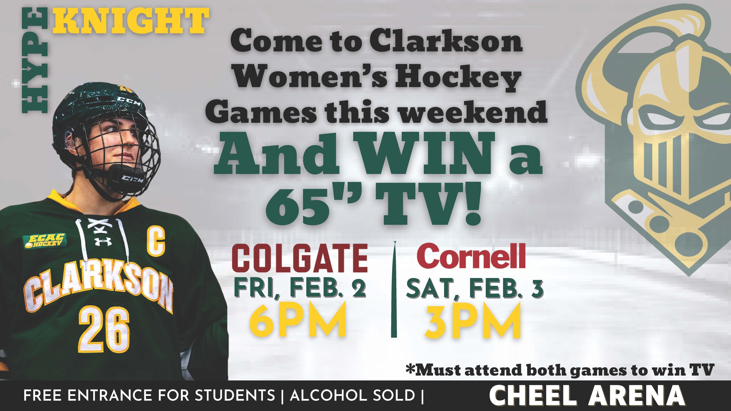 Win a 65″ TV at Clarkson Women’s Hockey Games Tonight and Tomorrow!