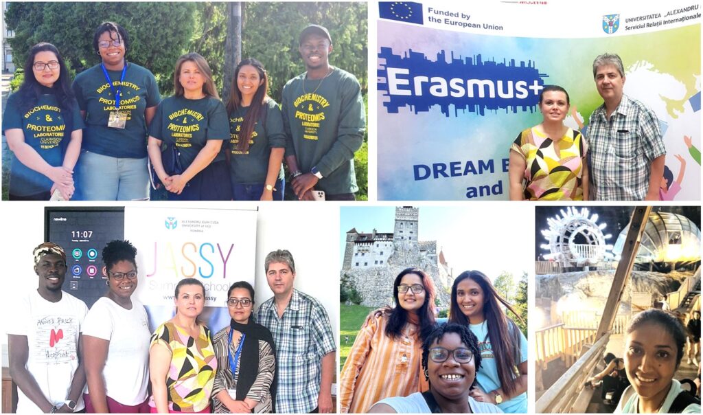 several photos stitched together showing, from top left, a group of five students in green shirts, a student with a professor posing in front of an "Erasmus+" media backdrop, four students posing with a professor, three students taking a selfie, and a single student posing for a selfie with a carnival in the background.