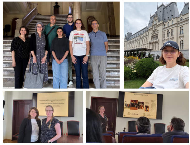 1) Top left: from left to right: Drs. Alina Petre, Silvana Andreescu, Daniel Andreescu, Laura Darie-Ion, Dumitru-Claudiu Sergentu, Ulfet Erdogan (grad student) and Robert Gradinaru (Iasi, July 2025). 2) Top right: Ulfet Erdogan in front of the Culture Palace. 3) Bottom left: Drs. Alina Petre & Melissa King (Iasi, May 2025), 4) Bottom right: Dr. Melissa King delivering a presentation.
