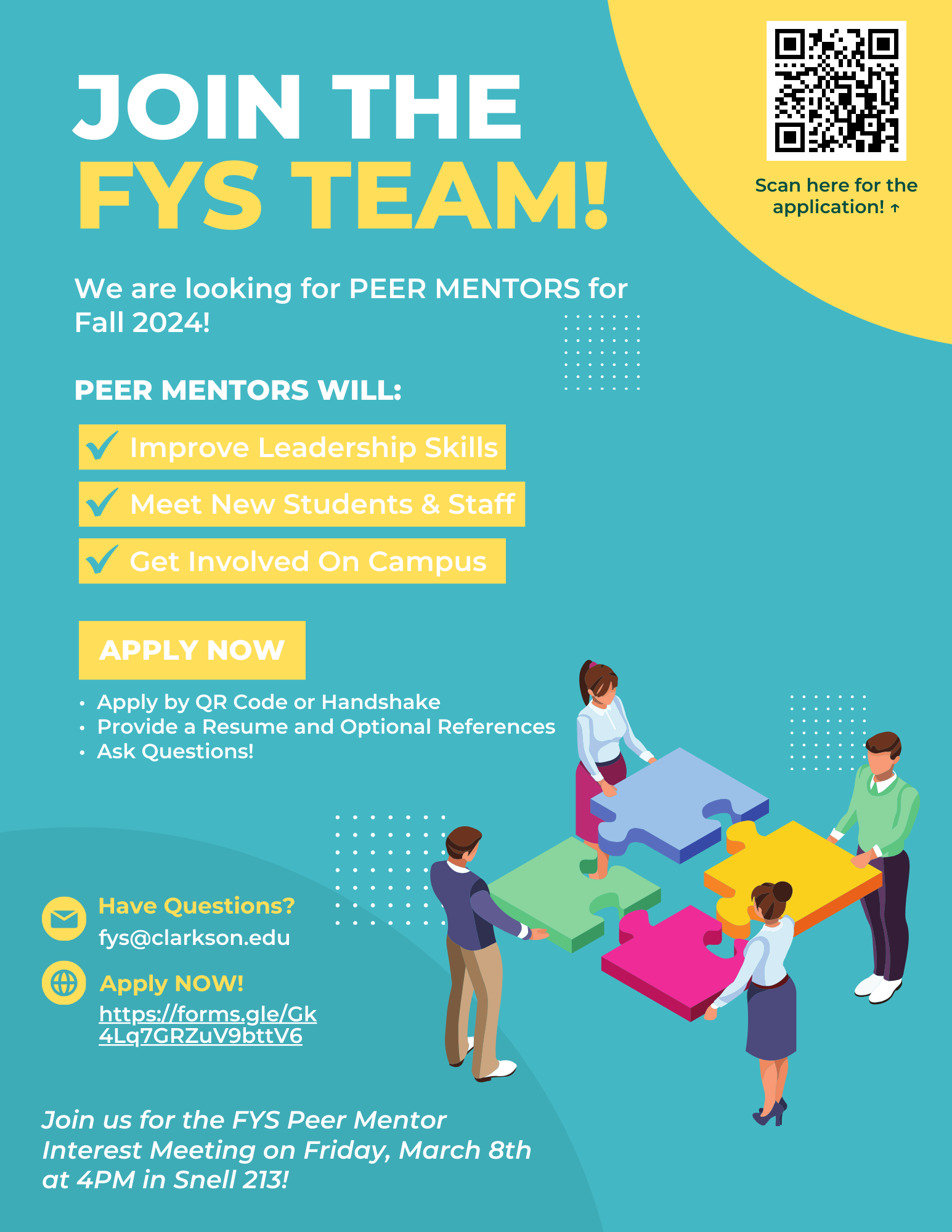 Come to FYS Peer Mentor Interest Meeting on March 8th 4pm Snell 213