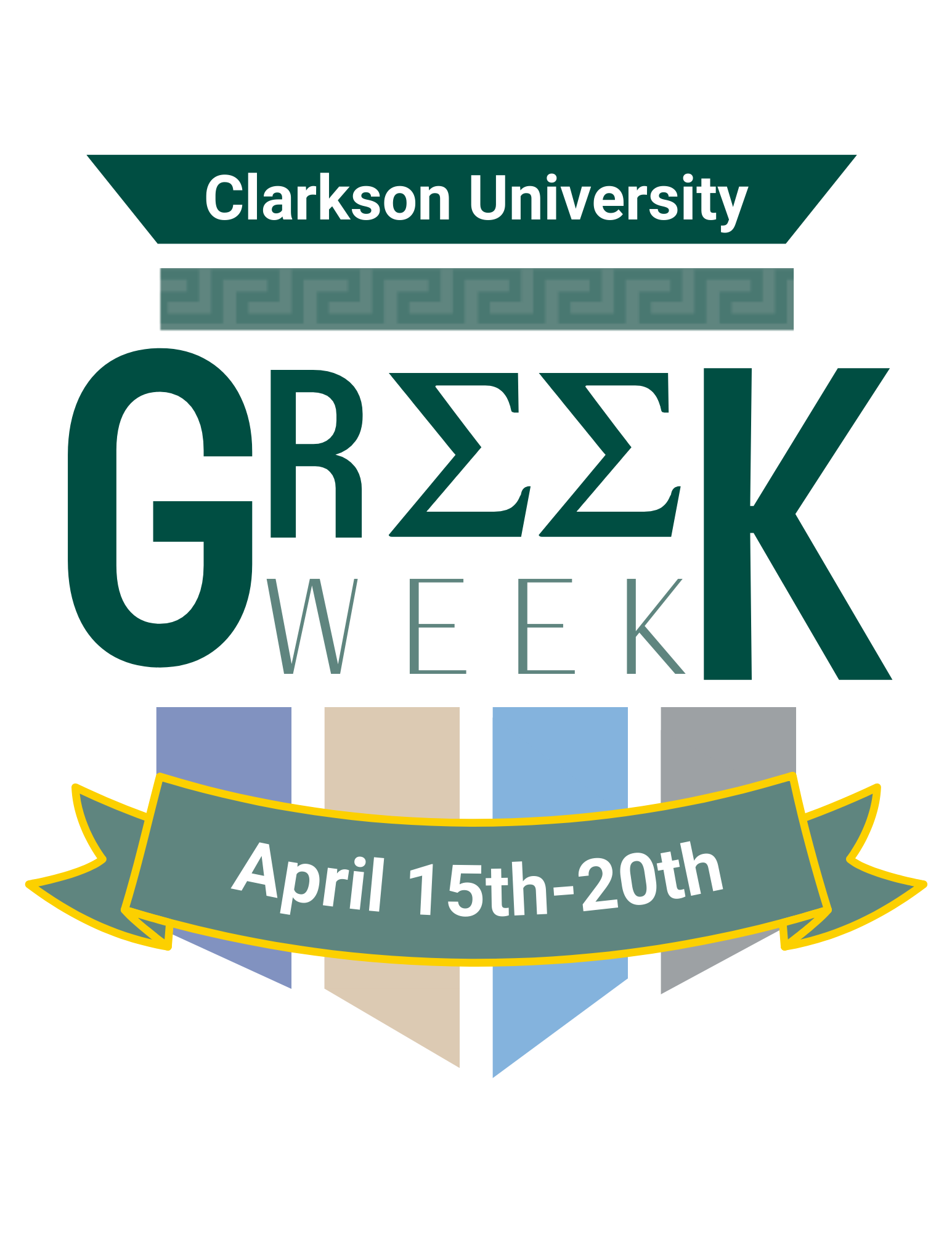 Flyer with green and white background advertising Clarkson University's Greek Week. Greek is capitalized with two sigma signs replacing the "EE" in the word. A banner across the bottom of the flyer indicated the dates April 15-20 as expressed in the announcement