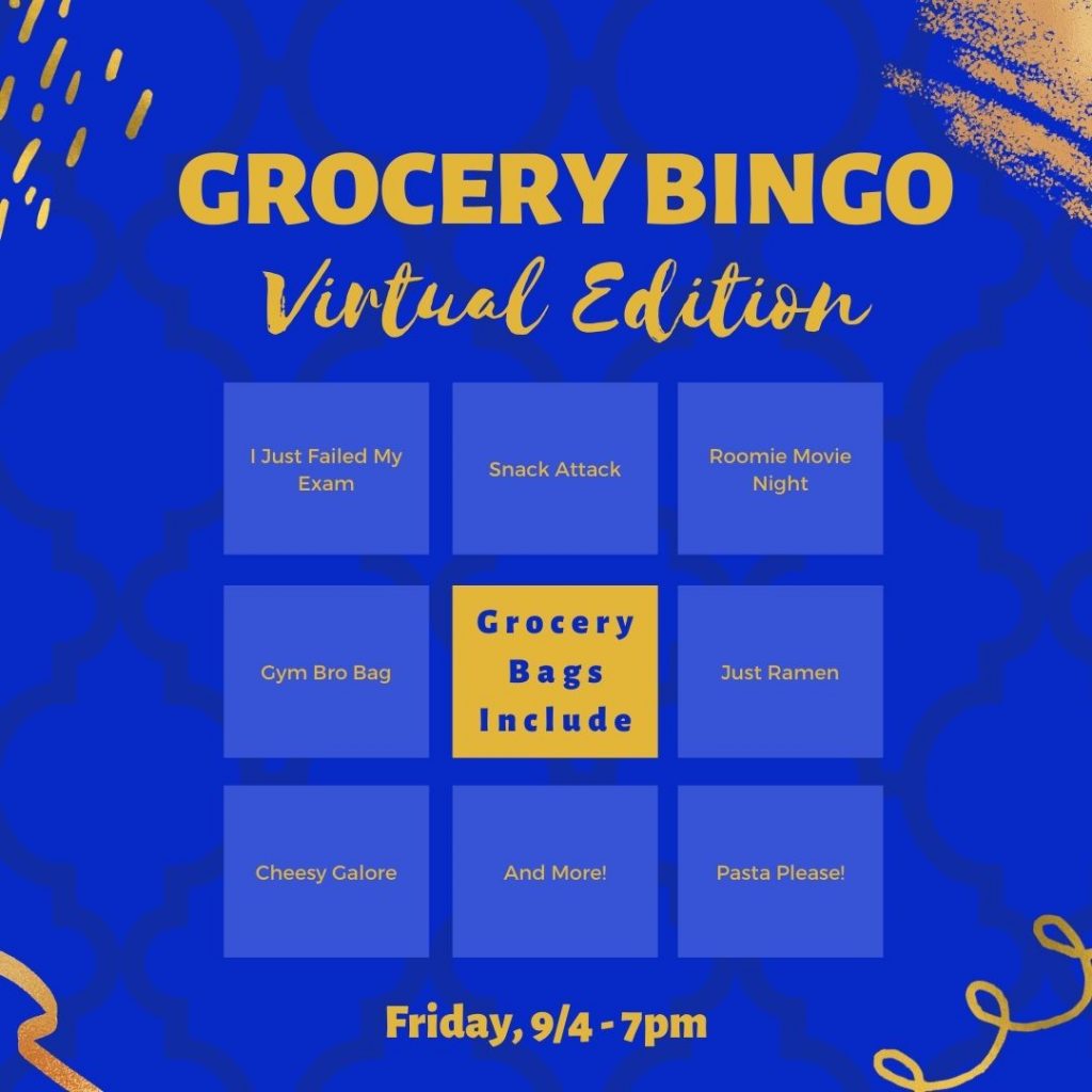 Blue flyer with yellow text that matches text of email. Bingo board pictured.