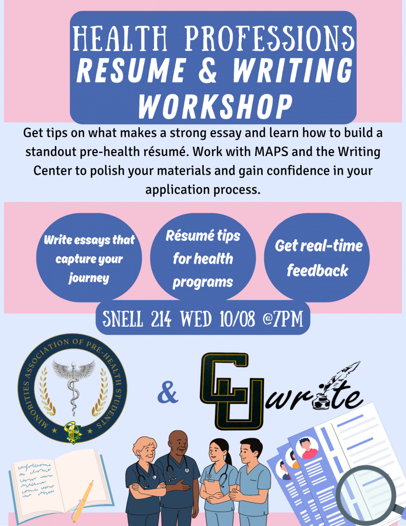 Event flyer, Health Professions Resume and Writing workshop