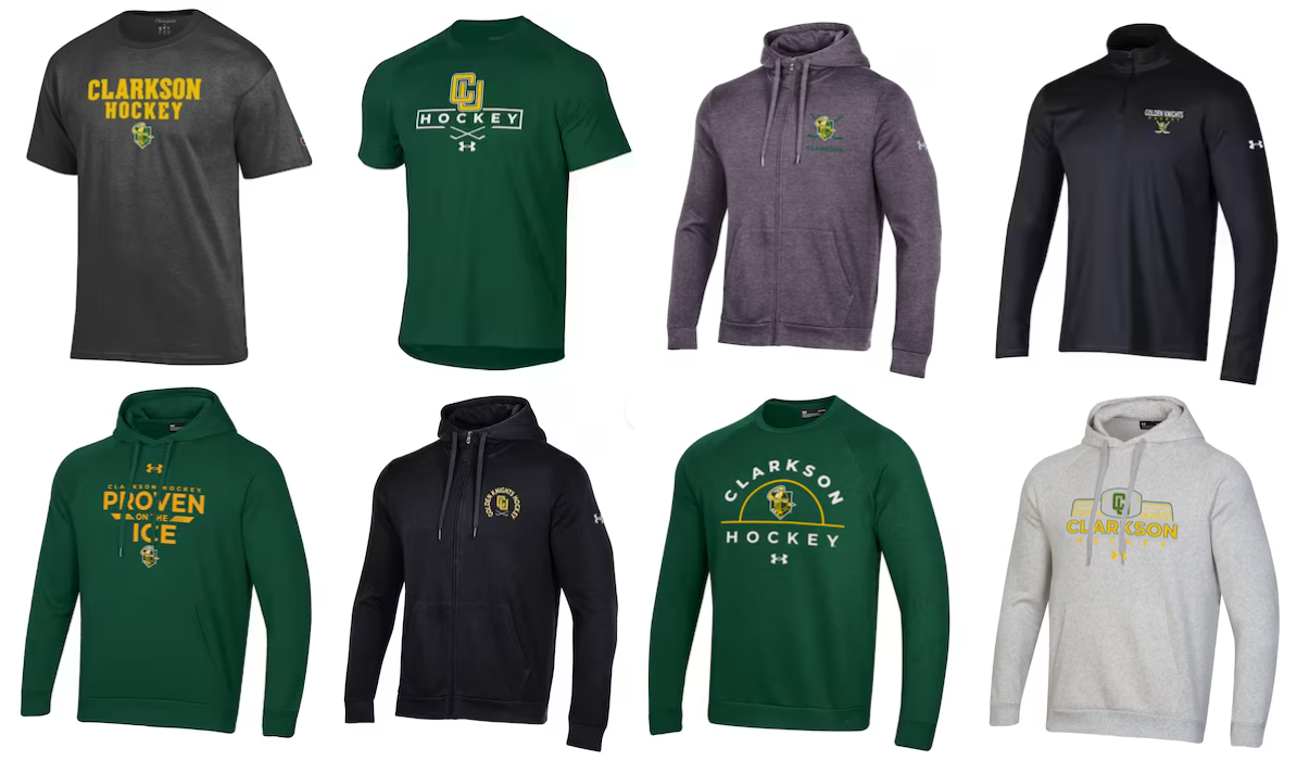 New Clarkson Golden Knight merchandise available at the bookstore; includes green, gold, gray and black colored t-shirts, long sleeve shirts, hoodies, and quarter zip sweatshirts