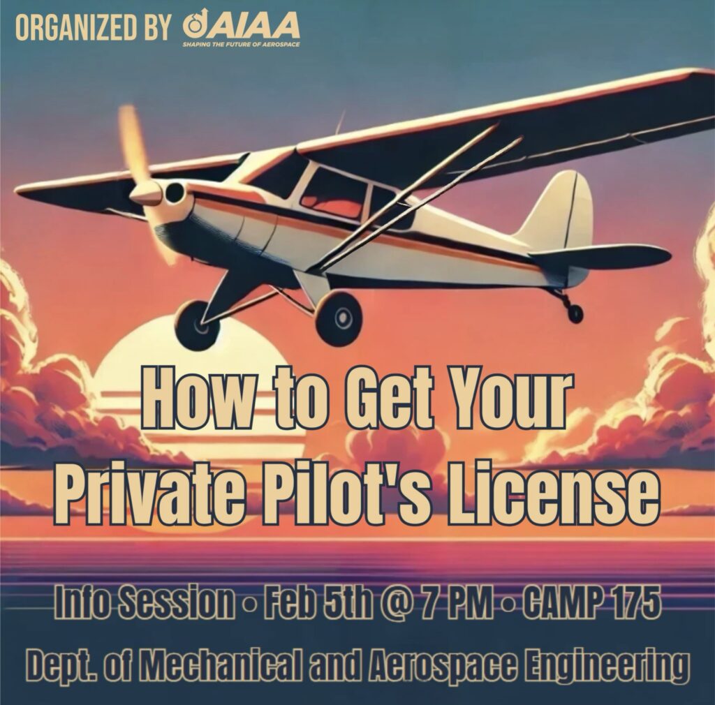 An image of a small aircraft flying in front of a sunset that reads "How to Get Your Private Pilot's License" and "Info Session | Feb 5th @ 7 PM | Camp 175"