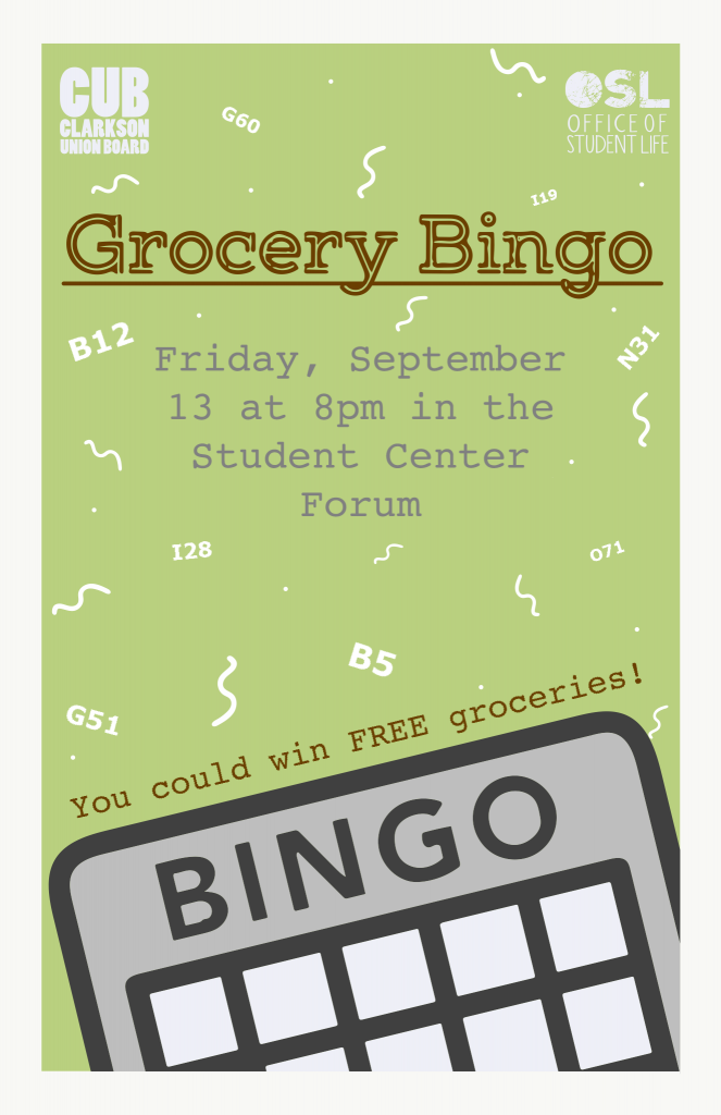 Grocery Bingo flyer with blank Bingo board. Event info included in email text.