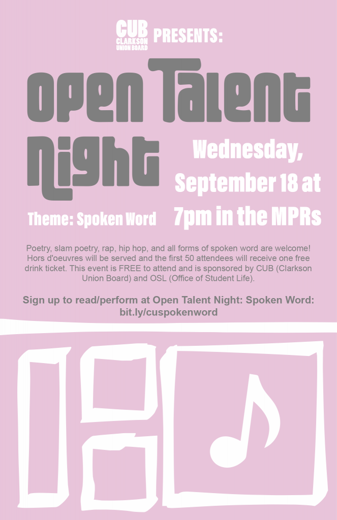 Open Talent Night flyer: All text is written in announcement.