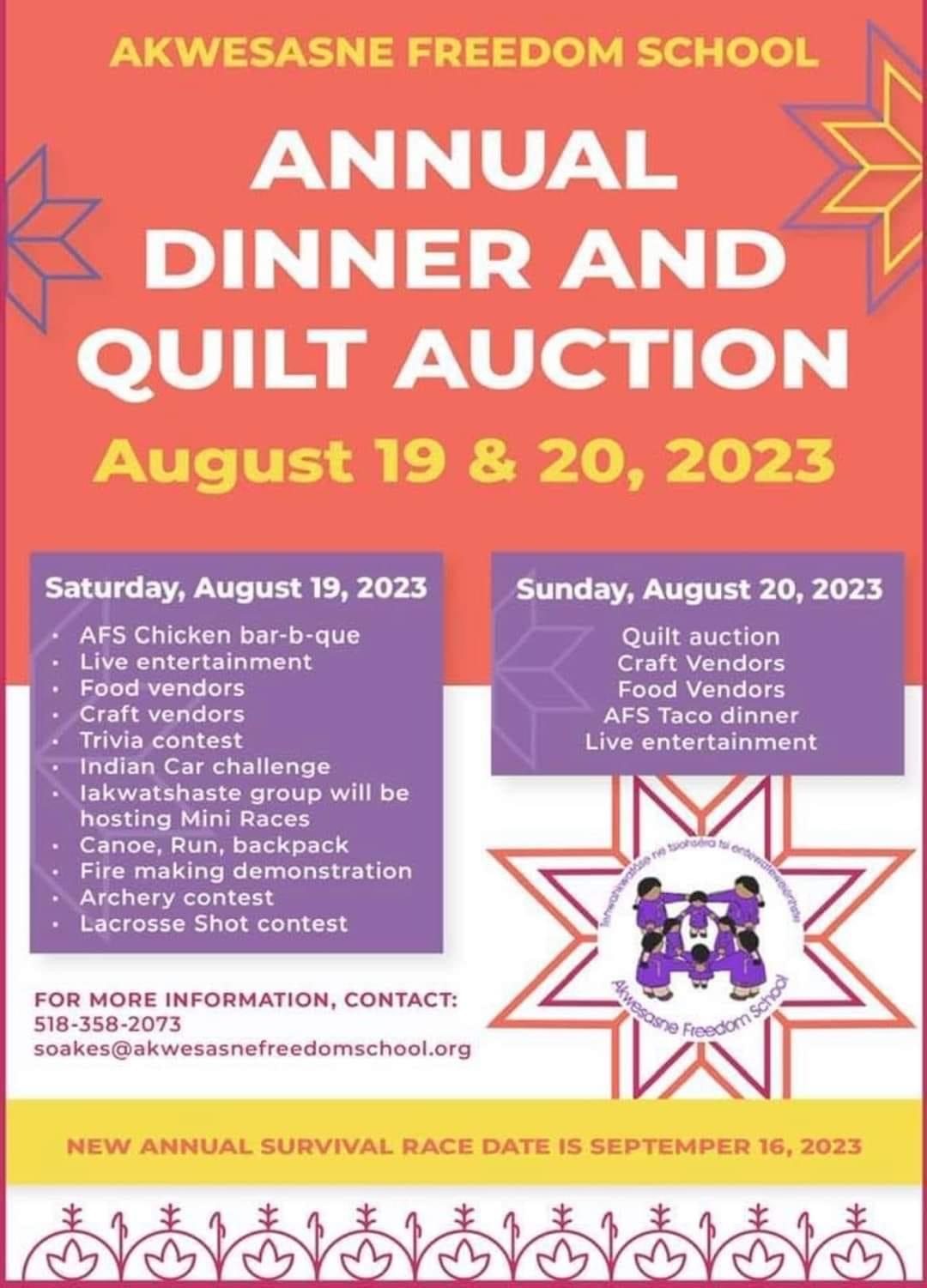 Akwesasne Freedom School Annual Dinner and Quilt Auction Aug 19-20, 2023