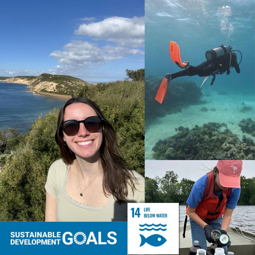 A collage of three photos. One depicts a young woman with dark brown hair wearing sunglasses posing in front of the ocean. The next photo shows her swimming in the ocean in scuba gear, and the third shows her working with water sampling equipment on a boat. Text reads "Sustainable Development Goals: Fourteen, Life Below Water."