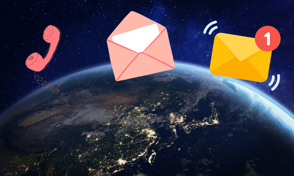 The earth from space with an overlay of graphics of a phone, an envelope, and an email.