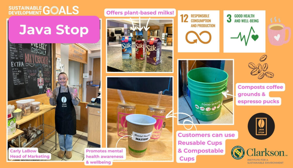 United Nations Sustainable Development Goals logo in the top left corner, with "12 Responsible Consumption and Production" and "3 Good Health and Well-Being" sustainability goal logos in the top right corner. A collage of images featuring a young woman (Carly LaBow, Head of Marketing for Java Stop) in an apron holding two glass coffee cups, silk plant based milk cartons, a paper cup reading "mental health matters" and a green bucket with a sticker reading "food waste." The Java Stop and Clarkson Institute for a Sustainable Environment logos are also featured. Text reads: "Offers plant-based milks, promotes mental health awareness and wellbeing, customers can use reusable cups and compostable cups" and "composts coffee grounds and espresso pucks."