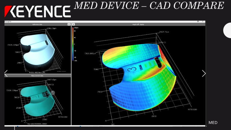 A component from a medical device is displayed in three different render options; reference data, measurement data, and height difference display to highlight how a machined device differs from the CAD model.