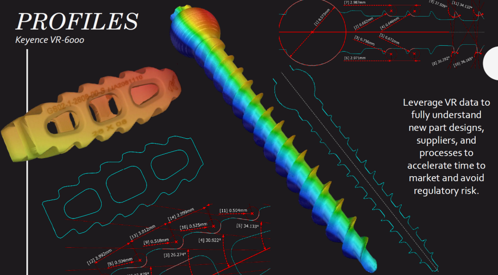 A 3D reconstruction of a machine screw is rendered from microscope data. Multiple 2D cross sections are displayed alongside to illustrate how profile data is collected form the reconstruction.