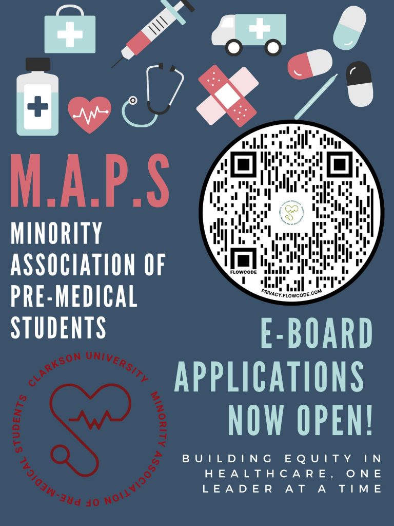 Flyer for Clarkson University's M.A.P.S. (Minority Association of Pre-Medical Students), announcing that executive board (E-board) applications are now open. The flyer features medical-themed illustrations including a stethoscope, syringe, ambulance, pills, and bandages. It includes a QR code for applying and the slogan: "Building equity in healthcare, one leader at a time." The organization's logo, a stethoscope forming a heart, appears at the bottom left.