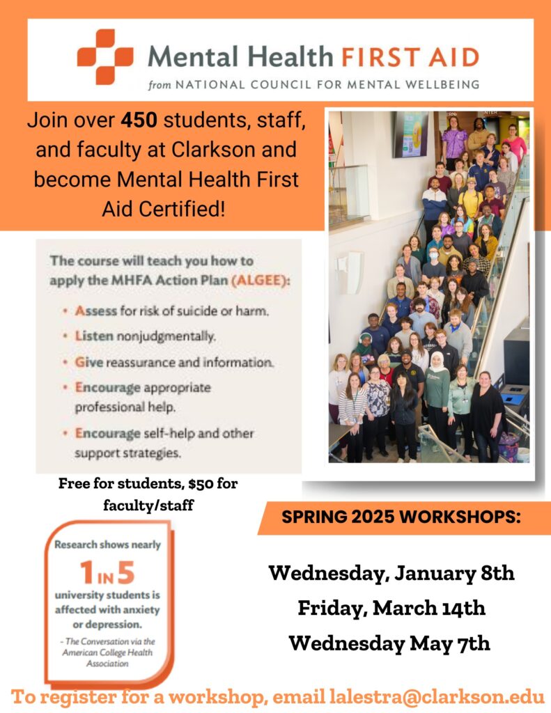 A flier featuring a photo of Clarkson students, staff, and faculty previously certified as Mental Health First Aiders. The flier is titled Mental Health First Aid from the National Council for Mental Wellbeing. The flier states that over 400 students, staff, and faculty at Clarkson have become Mental Health First Aid certified. It states that MHFA helps individuals identify others with mental health concerns with the use of the universal MHFA action plan called ALGEE. Spring courses are: January 8th, March 14th and May 7th.