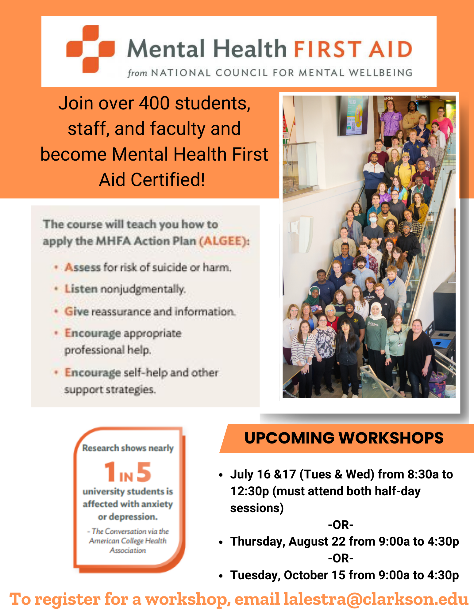 A flier featuring a photo of Clarkson students, staff, and faculty previously certified as Mental Health First Aiders. The flier is titled Mental Health First Aid from the National Council for Mental Wellbeing. The flier states that over 400 students, staff, and faculty have become Mental Health First Aid certified. It states that MHFA helps individuals identify others with mental health concerns with the use of the universal MHFA action plan called ALGEE. The flier lists the three upcoming workshops: July 16th-17th, 8:30 am-12:30 pm (must attend both days), August 22 (9 am-4:30 pm), or October 15 (9 am-4:30 pm). If you are interested in more information or want to register for upcoming workshops, please email lalestra@clarkson.edu.