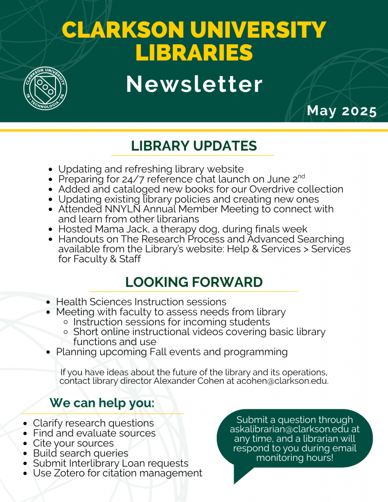 Clarkson University Libraries Newsletter - flyer