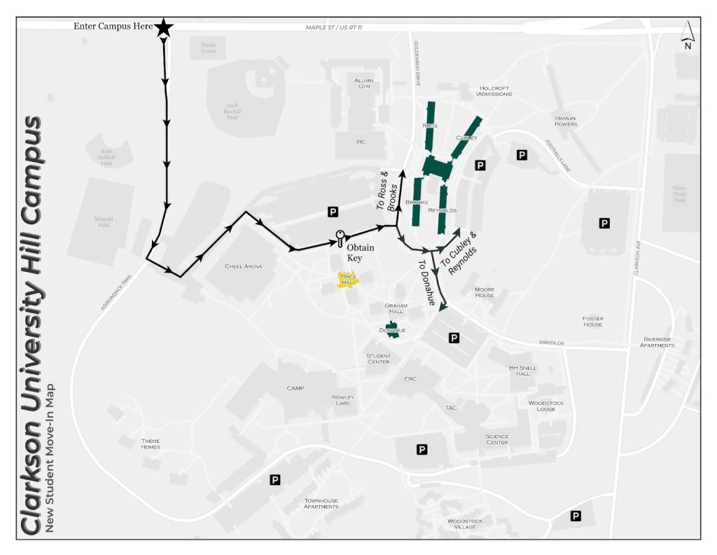 The image is a map of the campus, showing the traffic flow pattern from Route 11 through campus, to the various first-year student buildings.