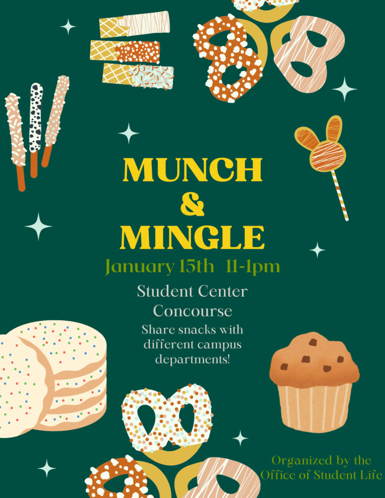 A green and gold flyer with snacks on it, detailing the munch and mingle event, hosted by OSL.