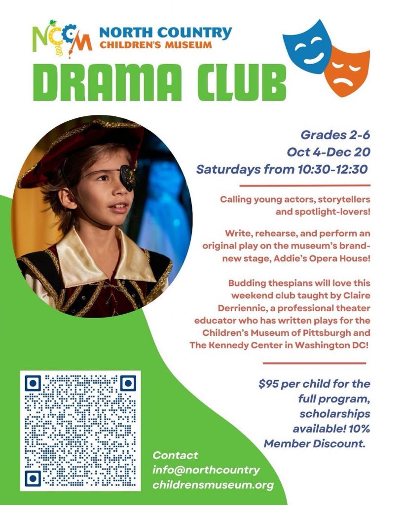 Information about the Drama Club and a kid wearing an eye patch and in a Pirate costume.
