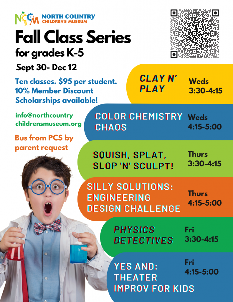 Image of a little boy wearing eyeglasses, a lab coat, and holding glass beakers in both his hands, and fall series after-school activities and information included in the flyer.