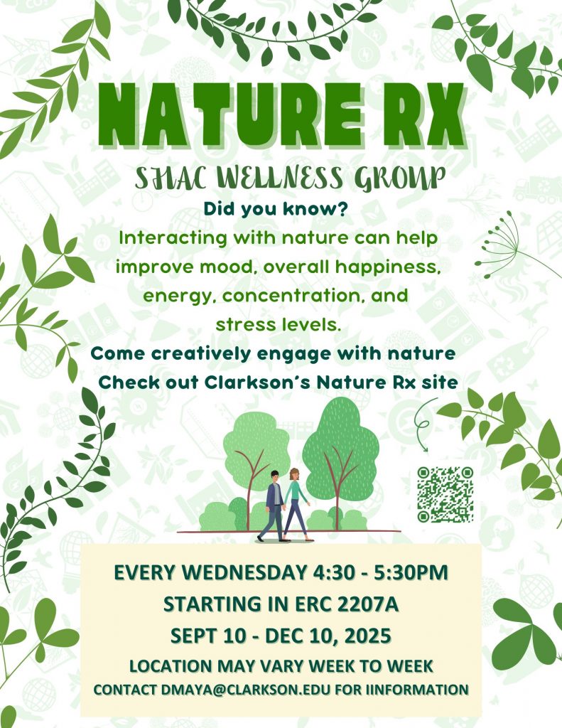 flyer with leaves on the edge and a cartoon image of two people walking on a path by trees. 