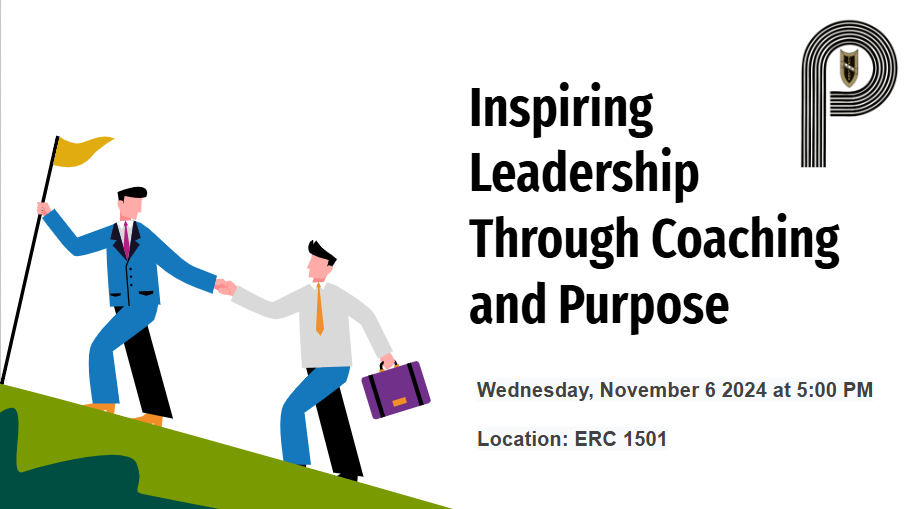 A presentation slide titled "Inspiring Leadership Through Coaching and Purpose" The slide features an illustration of two figures on a hill—one holding a flag and helping the other up, symbolizing support and guidance in leadership. The text details the event date (Wednesday, November 6, 2024, at 5:00 PM) and location (ERC 1501), with the Phalanx logo in the upper right corner, representing the host organization.