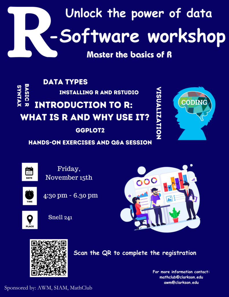 Event poster - R-Workshop in Snell 241 from 4:30-6:30, Friday, Nov 15, 2024.